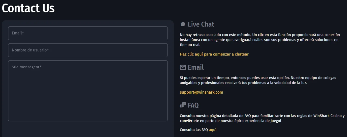 Winshark Casino Soporte al jugador Winshark Casino Soporte al jugador